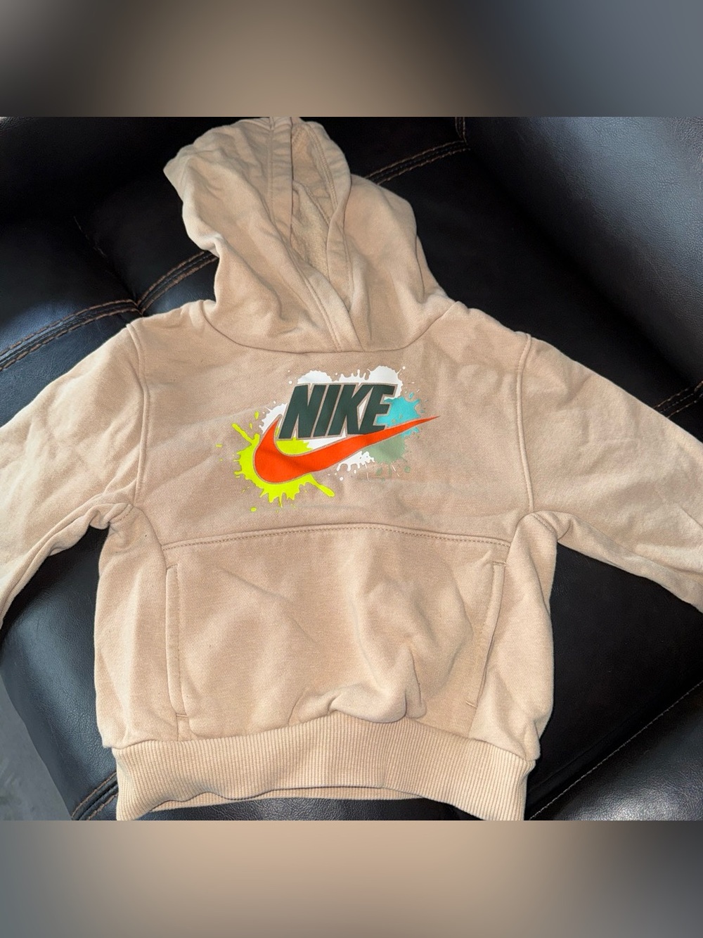 Nike Kids Tan Hoodie with Multi-Color Splash Swoosh